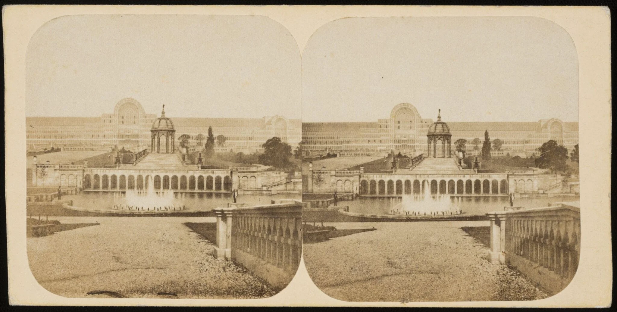 Crystal Palace: a general view of the palace, cascades and lower fountains, detail