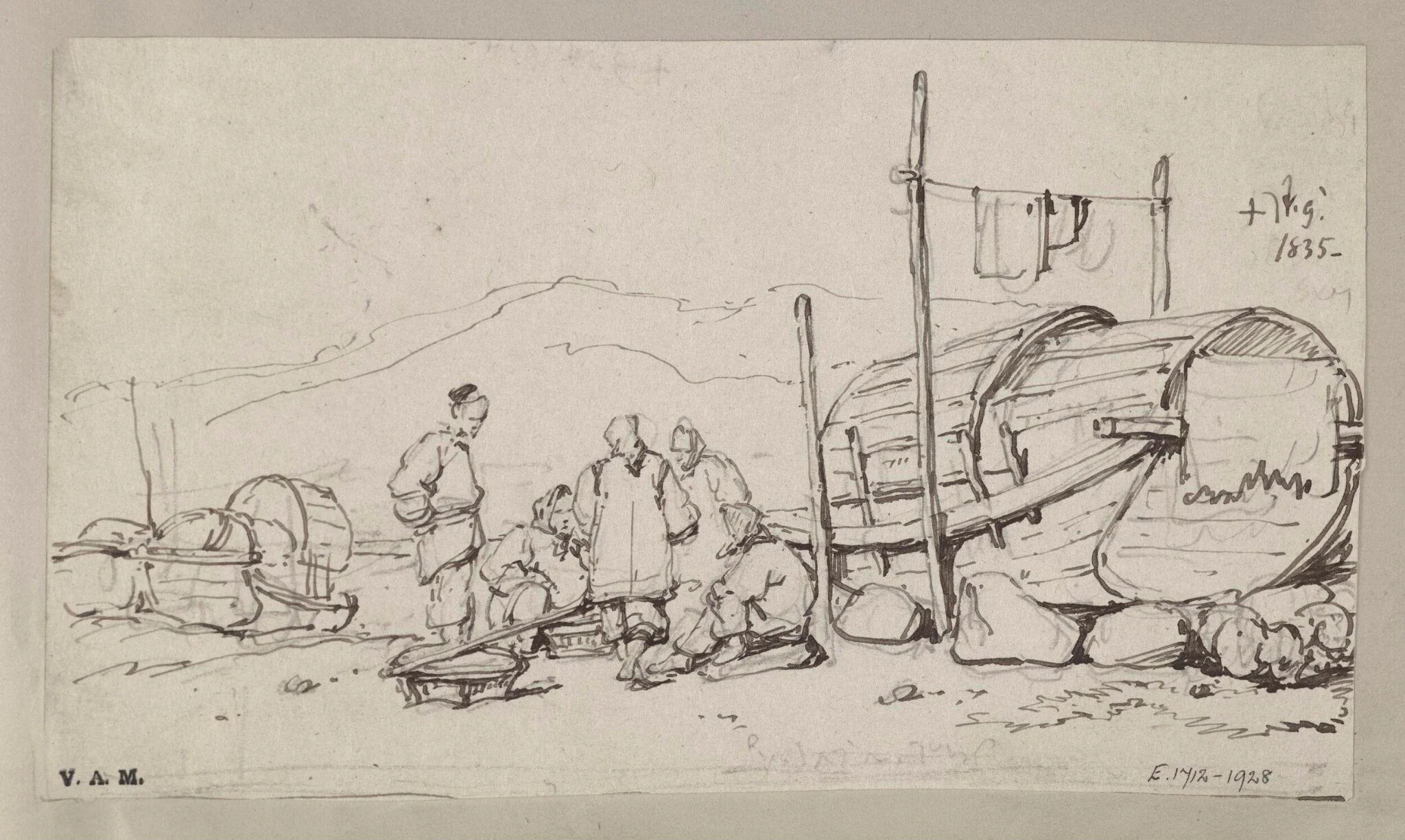Boatpeople by a Tanka boat raised up on the beach, detail