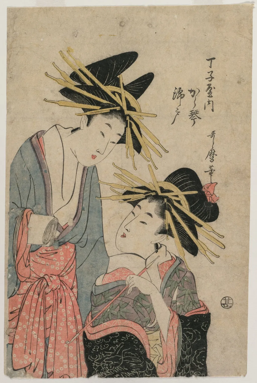 The Courtesans Karagoto and Nishikido of Chojiya, by Kitagawa Utamaro II, 1804