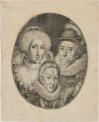 James I, Anne of Denmark, and Prince Charles, by Simon van de Passe, ink, 1621