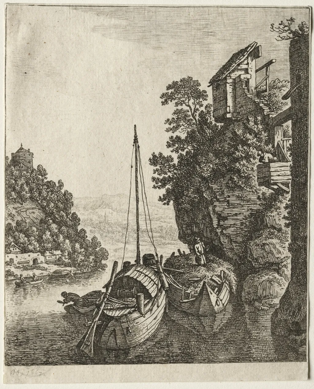 Two Boats moored under a rock, by Herman Saftleven, 1667