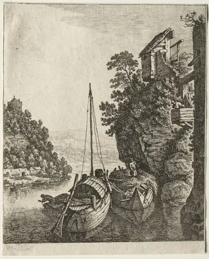 Two Boats moored under a rock, by Herman Saftleven, 1667