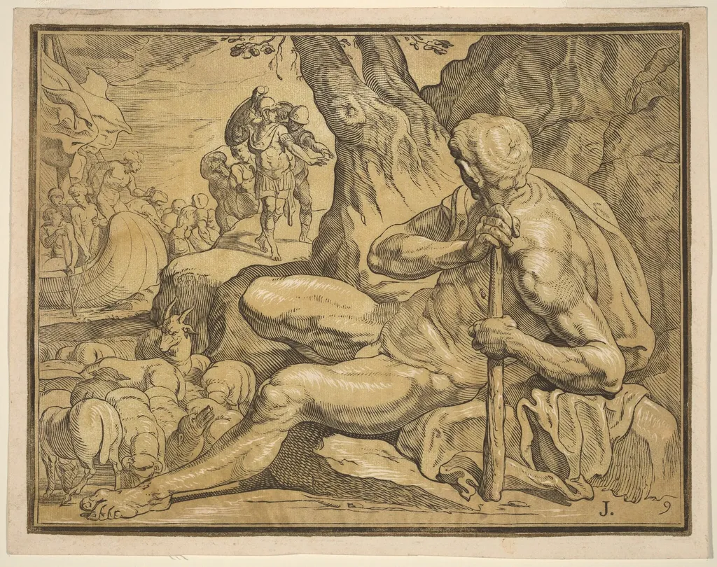 Ulysses and Polyphemus, by John Baptist Jackson, ink, 1740