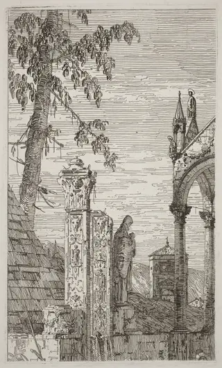 The Bishop's Tomb [center], by Canaletto, ink, 1740