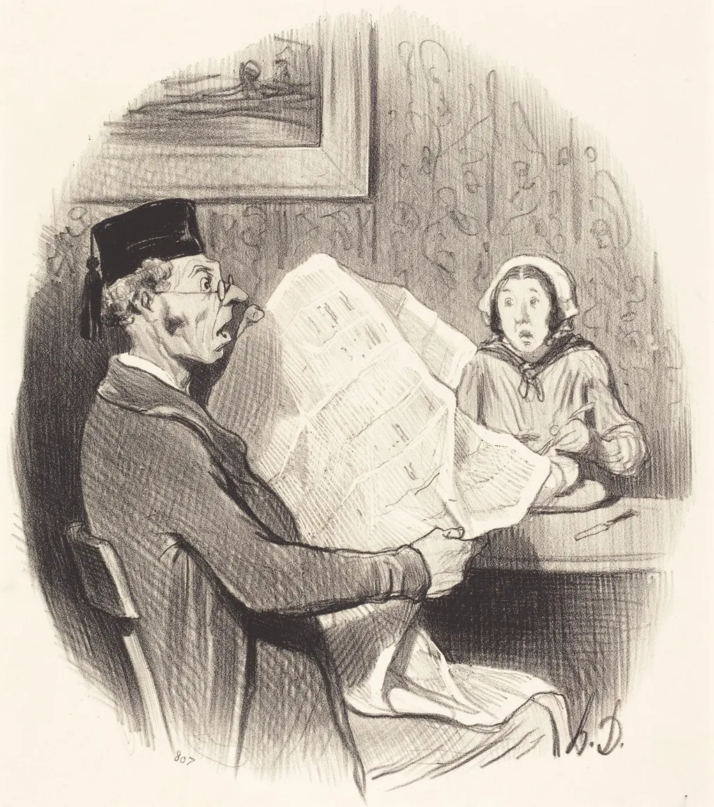 Le Format de plus en plus monstre, by Honoré Daumier, ink, 1845