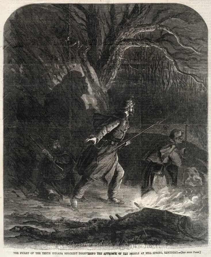 The Picket of the Tenth Indiana Regiment discovering the Approach of the Rebels at Mill Spring, Kentucky, detail