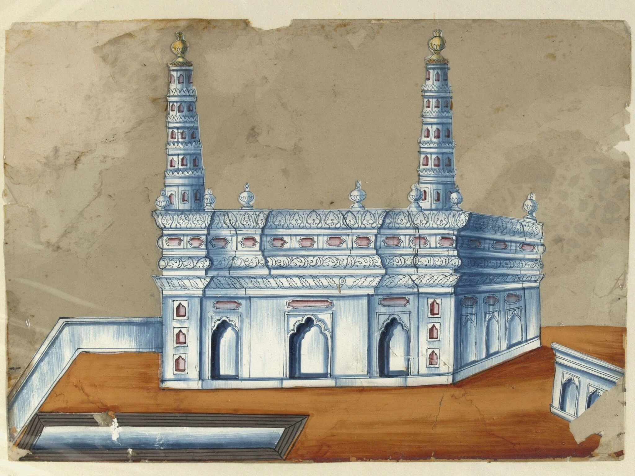 One of seven paintings of unidentified Muslim buildings in South India., detail