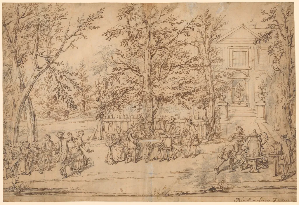 Garden Party at a Country House, by Marcellus Laroon II, ink, 1771
