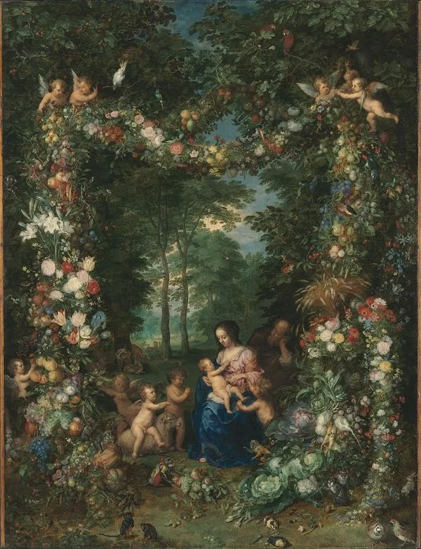 Holy family with a garland of flowers and fruits, detail