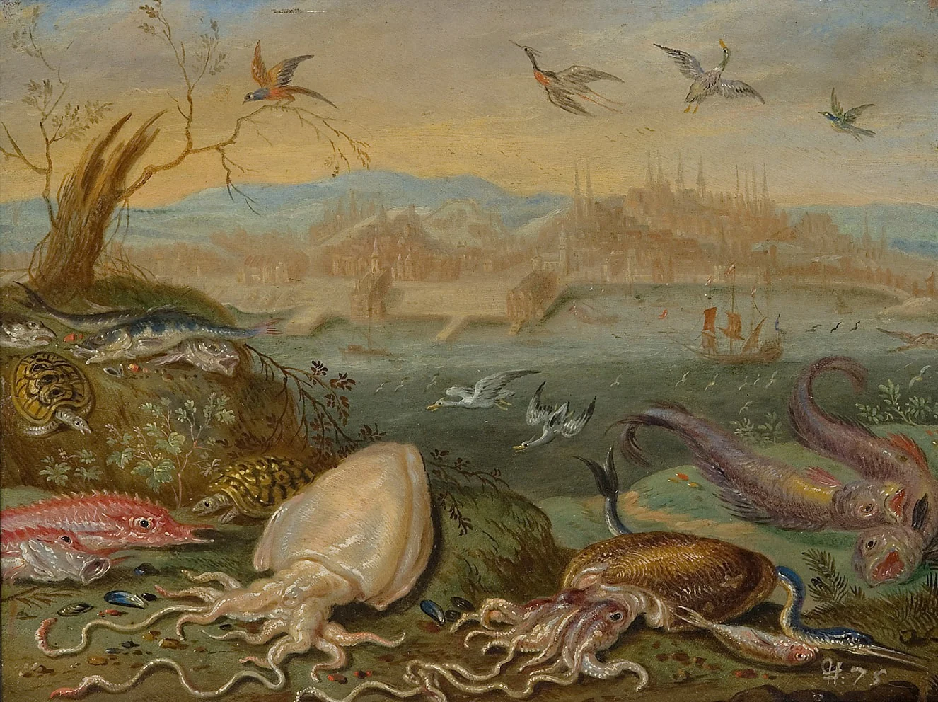 Ansichten aus den vier Weltteilen mit Szenen von Tieren: Lissabon, detail