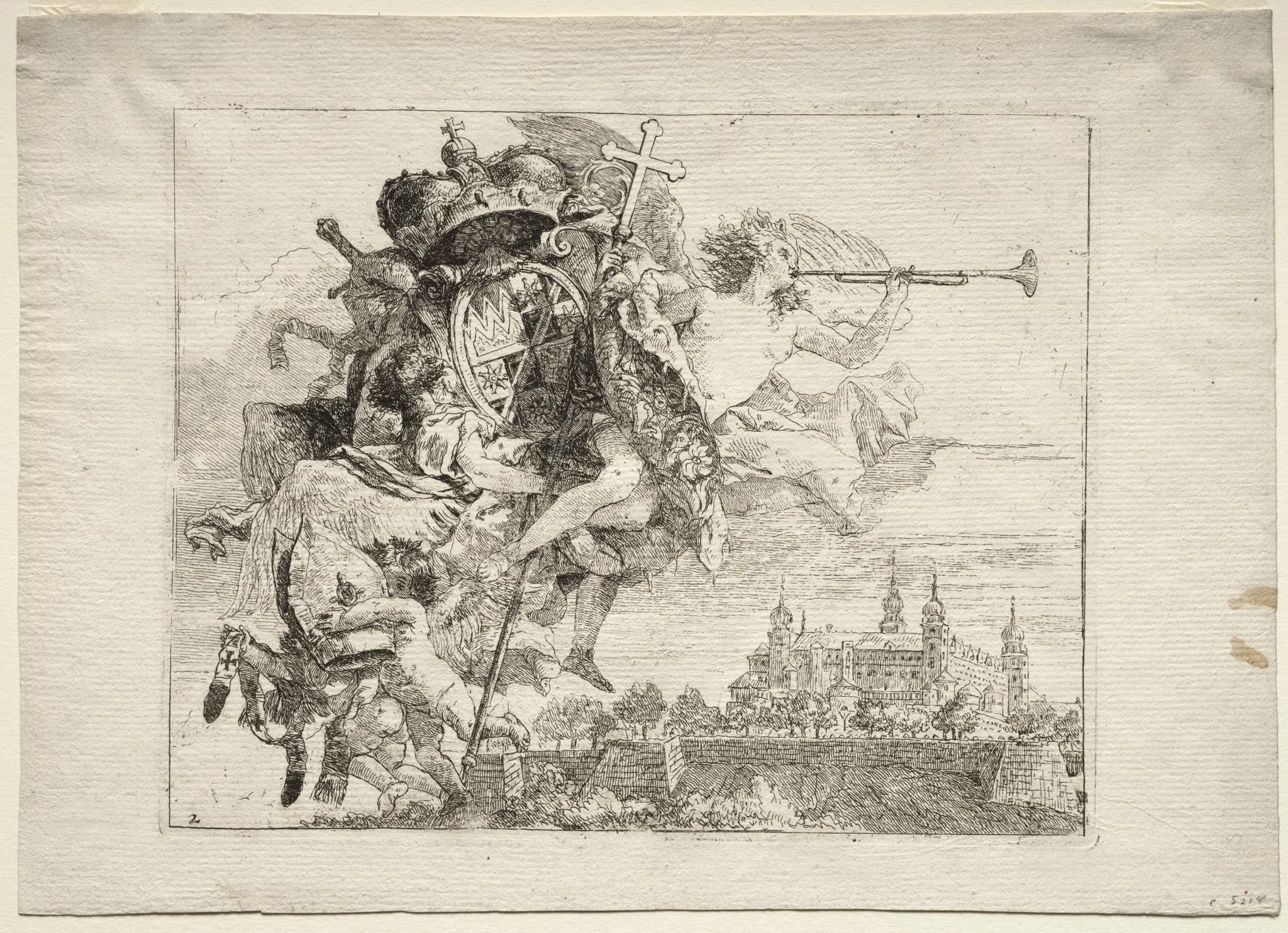 Flight into Egypt: Dedication with Winged Figure of Fame bearing the Arms of the Prince-Bishop of Wurzburg, detail
