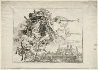 Flight into Egypt: Dedication with Winged Figure of Fame bearing the Arms of the Prince-Bishop of Wurzburg, by Giovanni Domenico Tiepolo, 1752