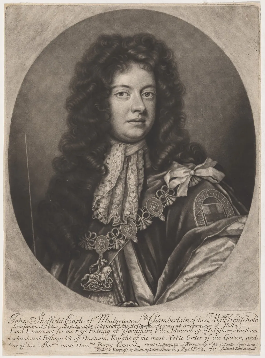 John Sheffield, Third Earl of Mulgrave, FirstDuke of Buckinghamshire, by John Smith, ink, 1697