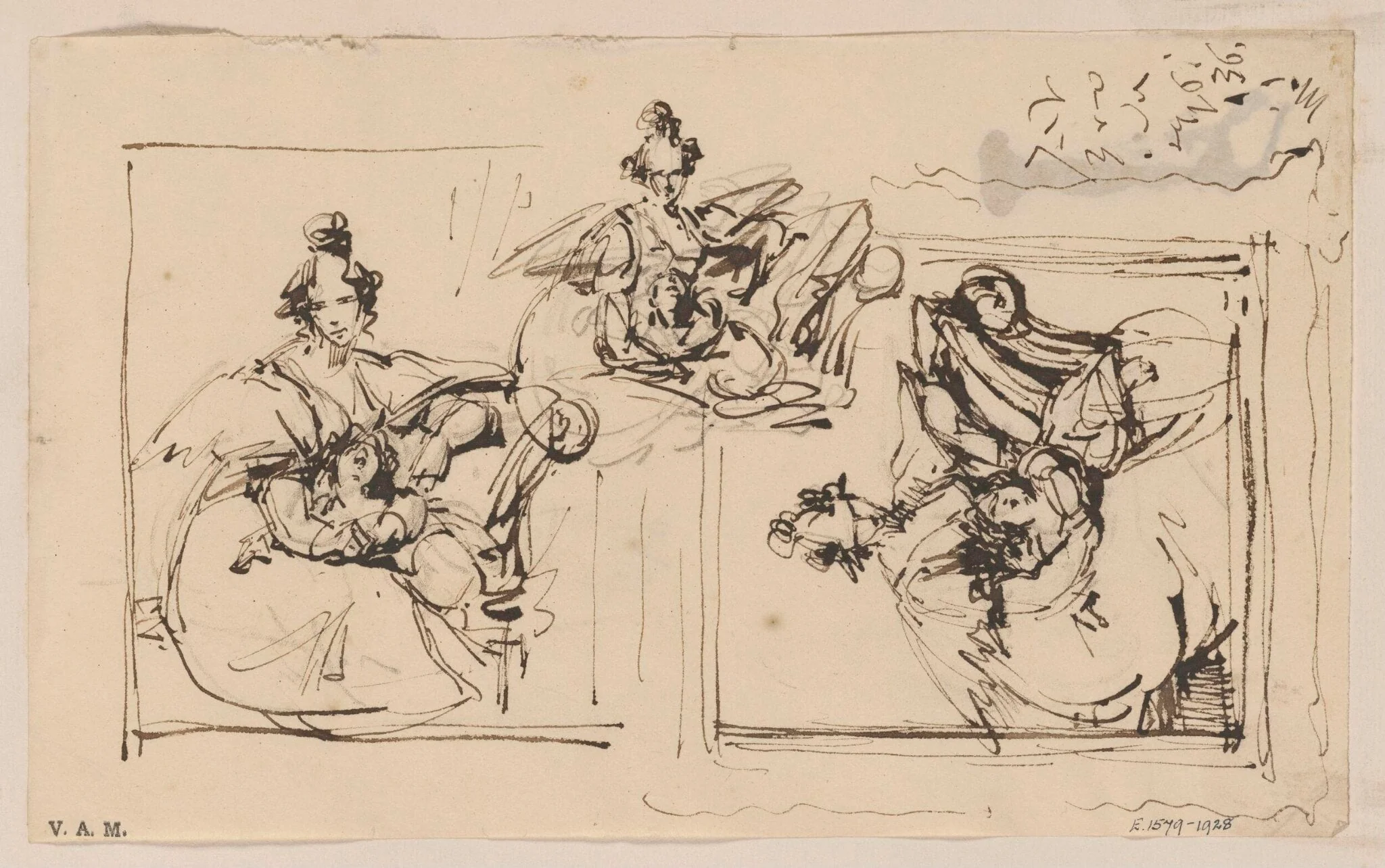 Three studies for a portrait of a Western woman and child, detail