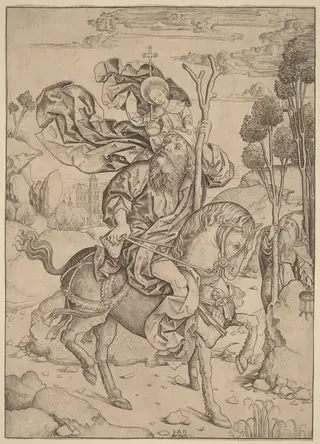 Saint Christopher on Horseback, by Master I.A.M. of Zwolle, ink, 1490