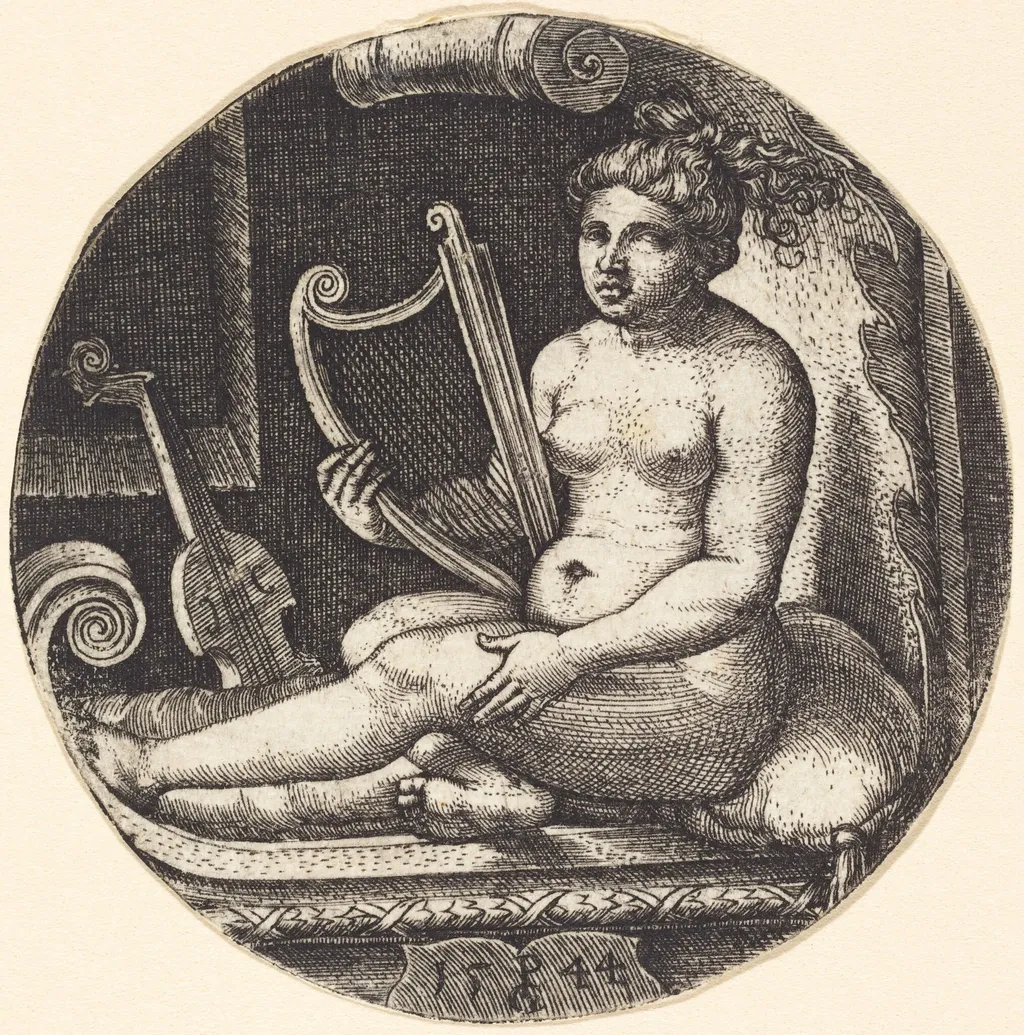 Woman with a Harp, by Georg Pencz, ink, 1544