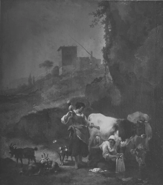Italienische Abendlandschaft mit Vieh und Hirtinnen, detail