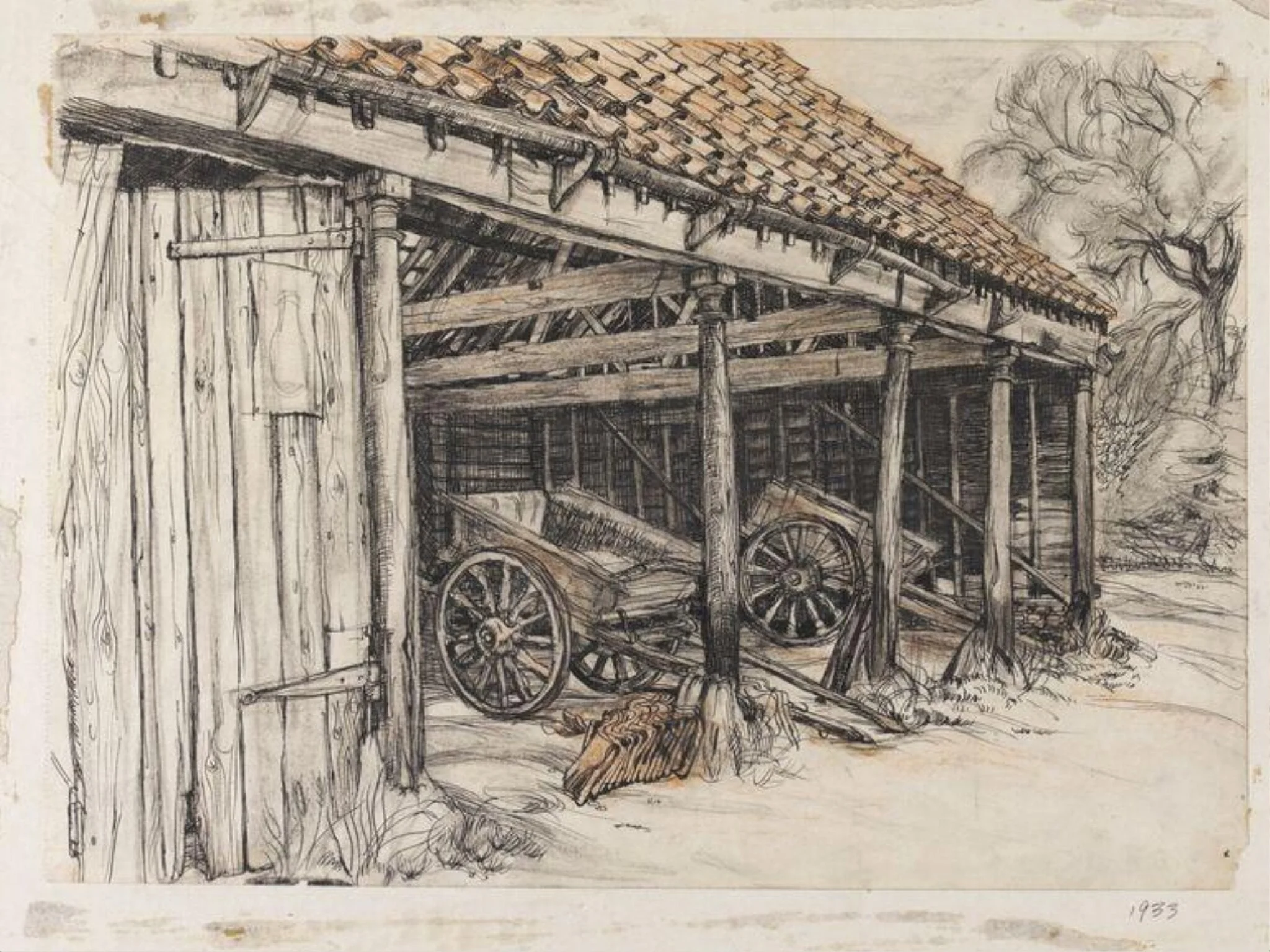 Drawing of open barn with farm carts, detail