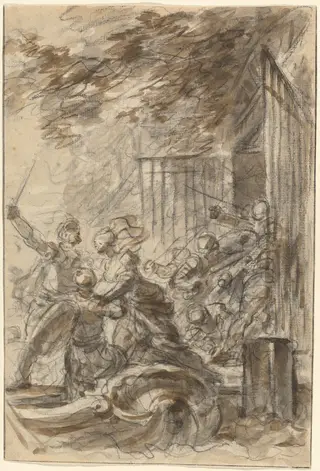 Isabella Abandons Her Home to Follow Odorico and His Men, by Jean Honoré Fragonard, chalk, 1769