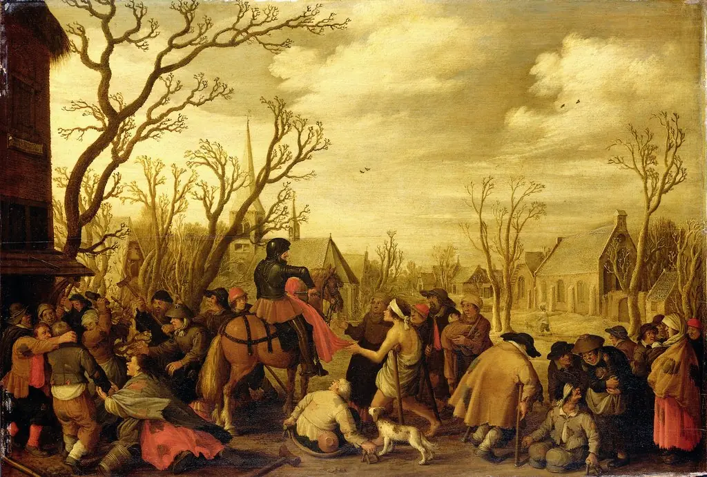 St Martin cutting off part of his cloak for a beggar, by Joost Cornelisz Droochsloot, oil, 1623