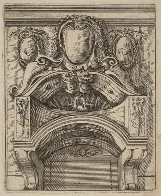 Architectural Motif with Three Shields, Two with Figures, by Carlo Antonio Buffagnotti, ink, 1690