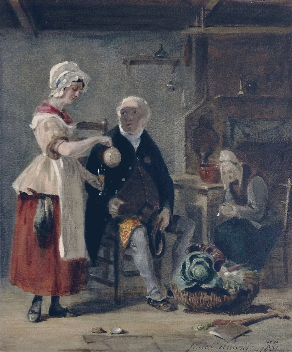 Rustic interior: figures of an old man and woman and a girl, by John Prescott Knight, watercolor, 1831
