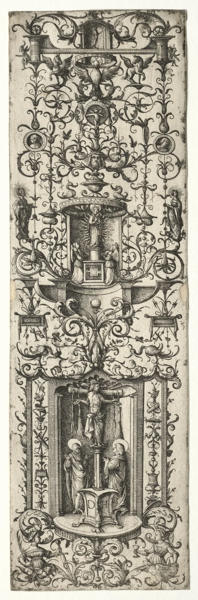 Ornamental fillet with the crucifixion and the virgin and child, detail