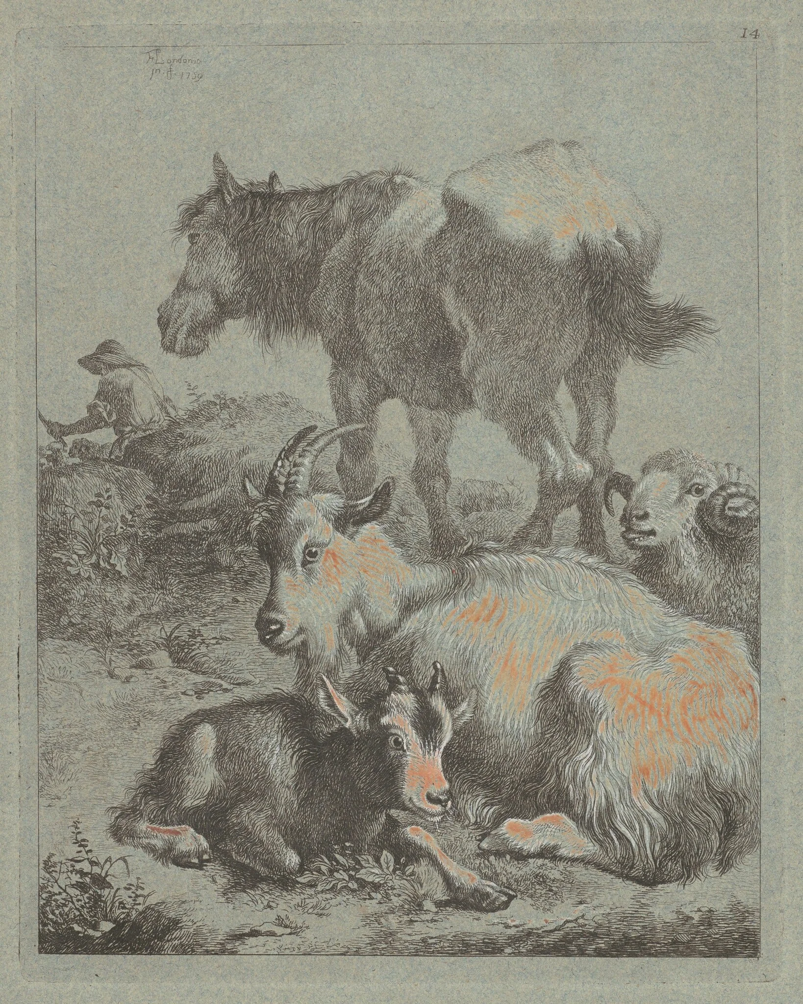 Horse, Ram, Goat with Kid; In the Distance a Shepherd with Flock, detail