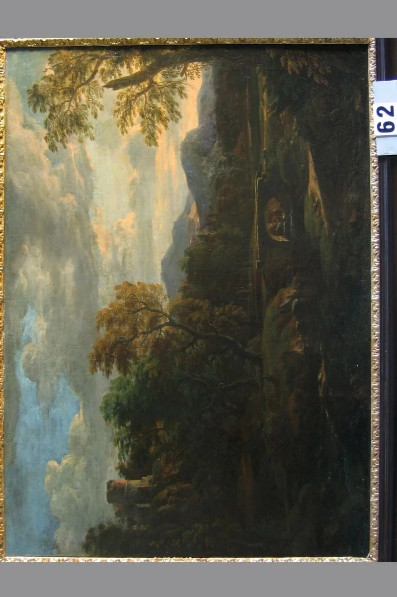 Peisaj de munte cu pod de piatră, detail