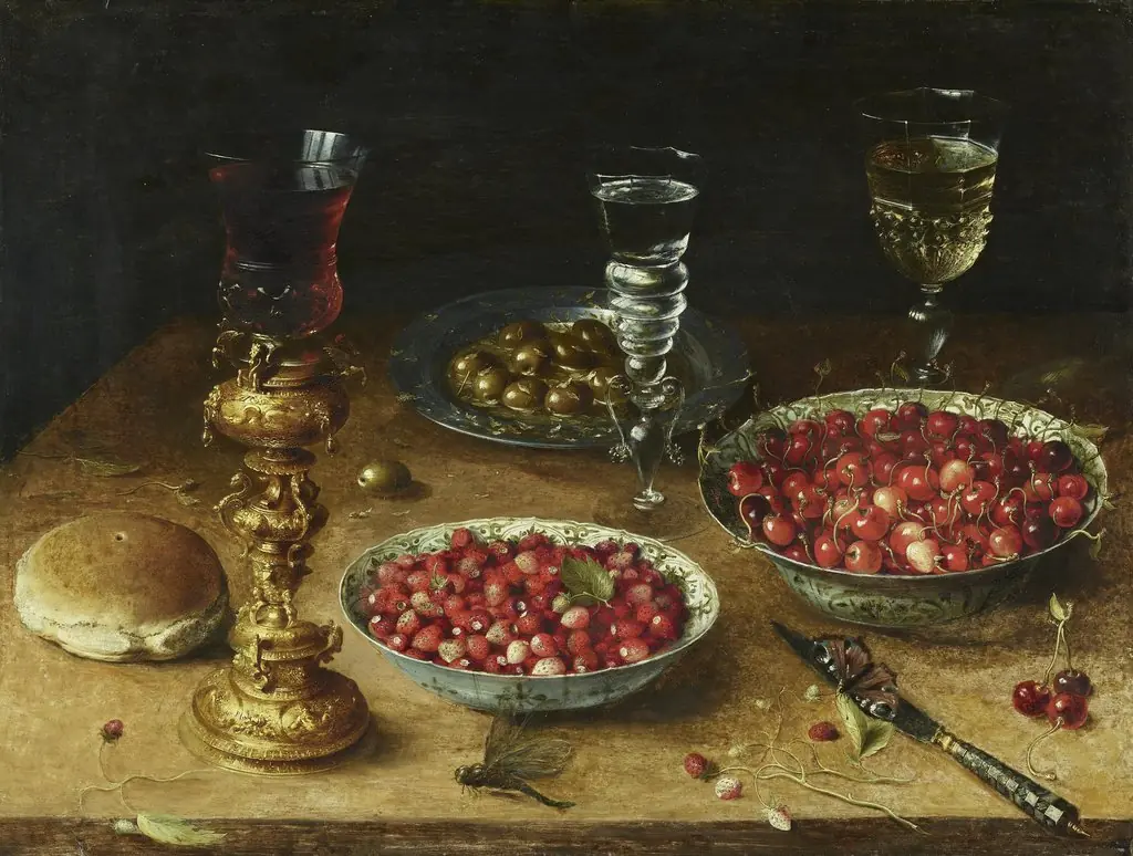 Still-Life with Cherries and Strawberries in China Bowls, by Osias Beert, paint, 1608