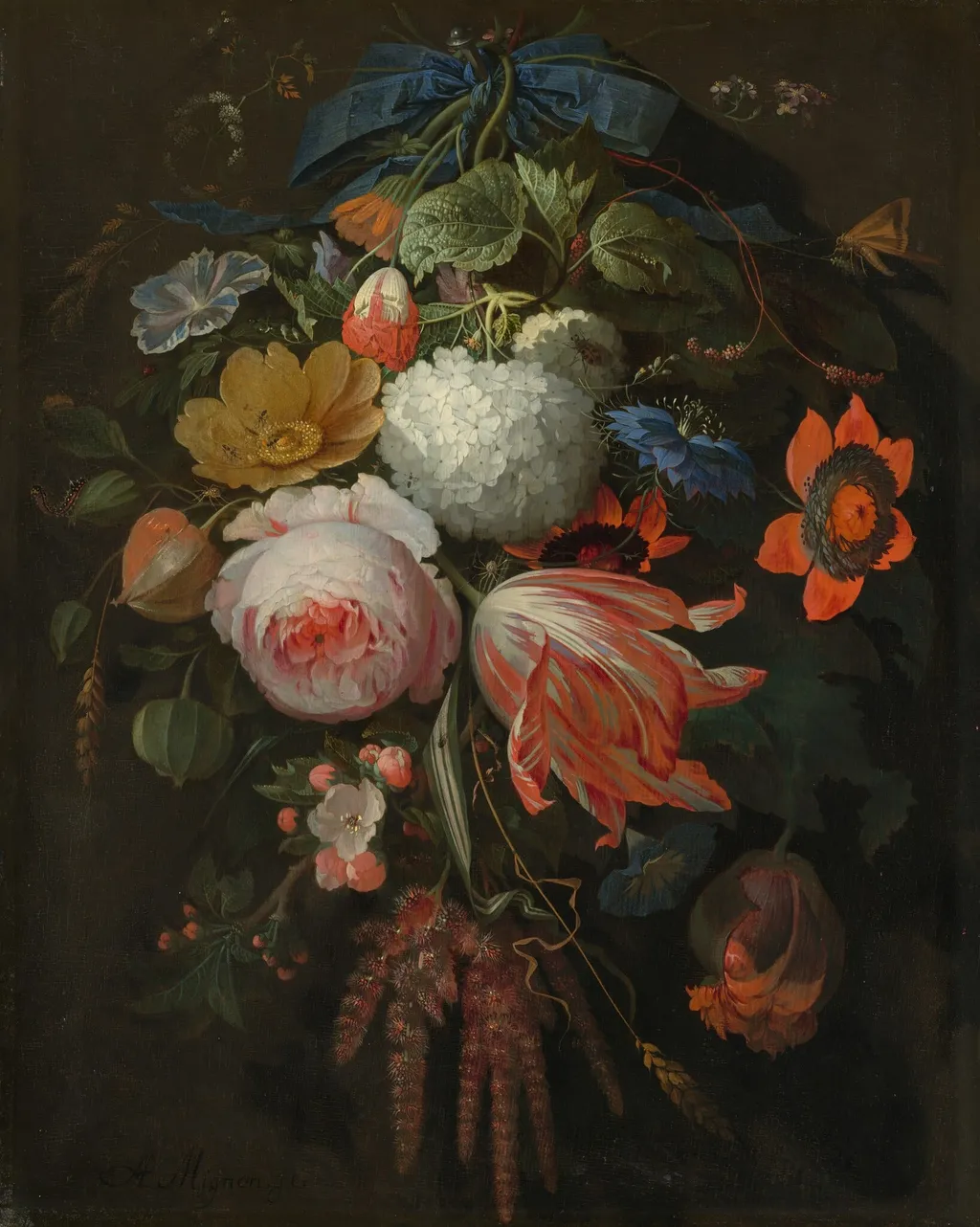 A Hanging Bouquet of Flowers, by Abraham Mignon, oil, 1668