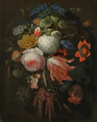 A Hanging Bouquet of Flowers, by Abraham Mignon, oil, 1668