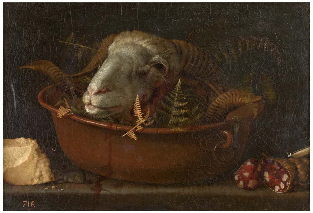 Still life with ram head, by Giovanni Benedetto Castiglione, oil, 1601