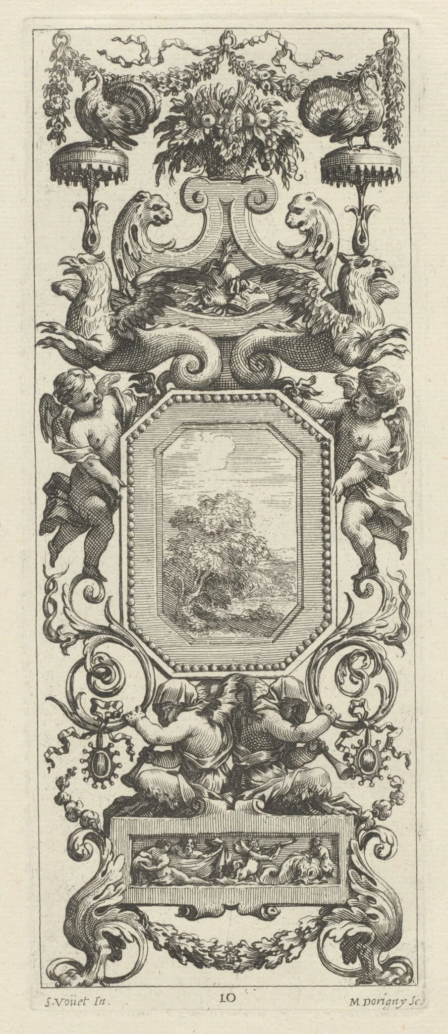 Ornamental Panel Surmounted by a Basket of Flowers and a Garland, detail