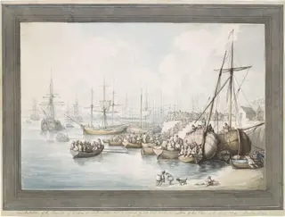 Disembarkation of the Royalists of Toulon at Southampton, 1794, by Thomas Rowlandson, watercolor, 1794