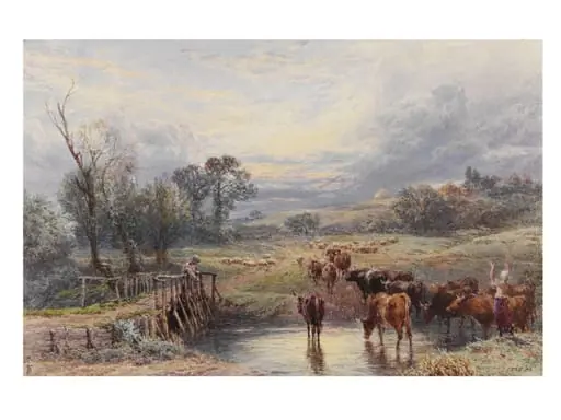 Landscape with Cattle and Bridge, by Myles Birket Foster, watercolor, 1845
