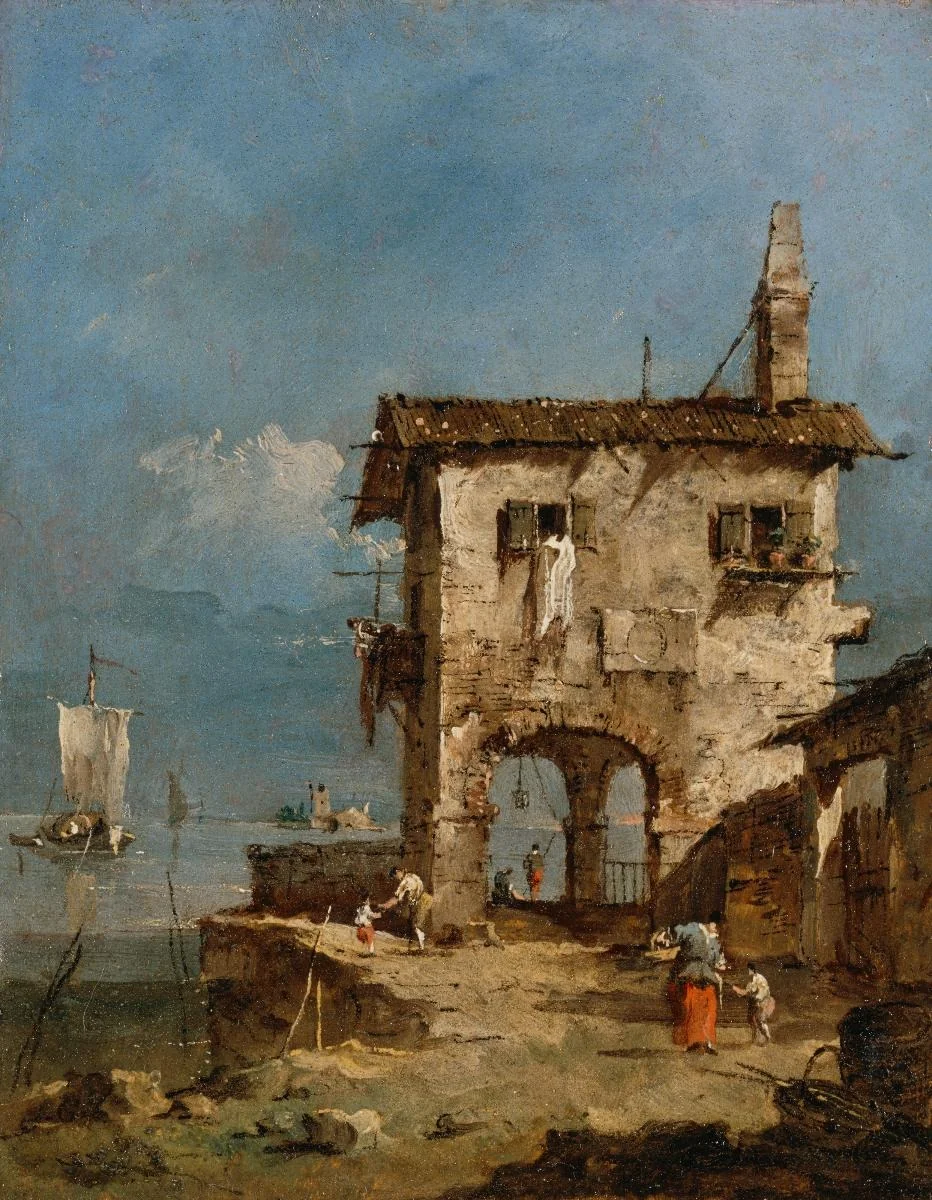 Capriccio con chiesa diroccata, casa rustica e figurine varie in riva alla laguna, detail