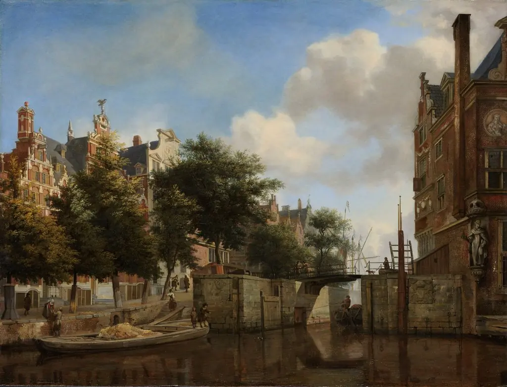 Amsterdam City View with Houses on the Herengracht and the old Haarlemmersluis, by Jan van der Heyden, oil, 1670