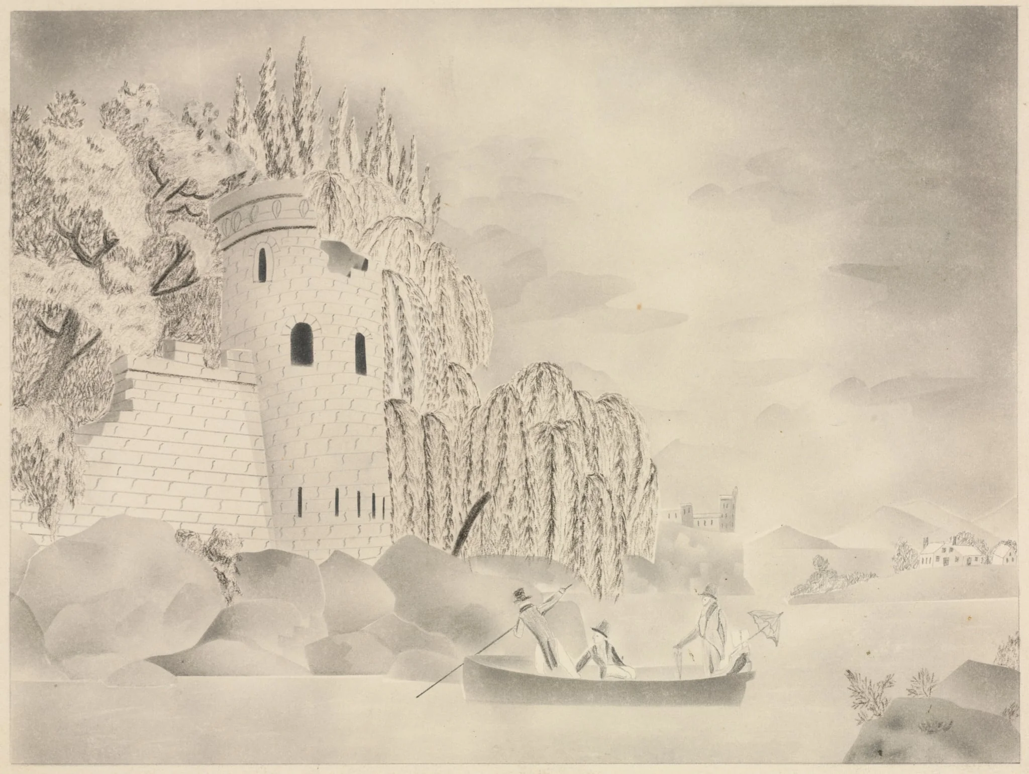 The Lonely Tower (Castle on a River with Willows and a Boat), detail