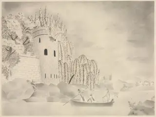The Lonely Tower (Castle on a River with Willows and a Boat), by Mary Altha Nims, 1804