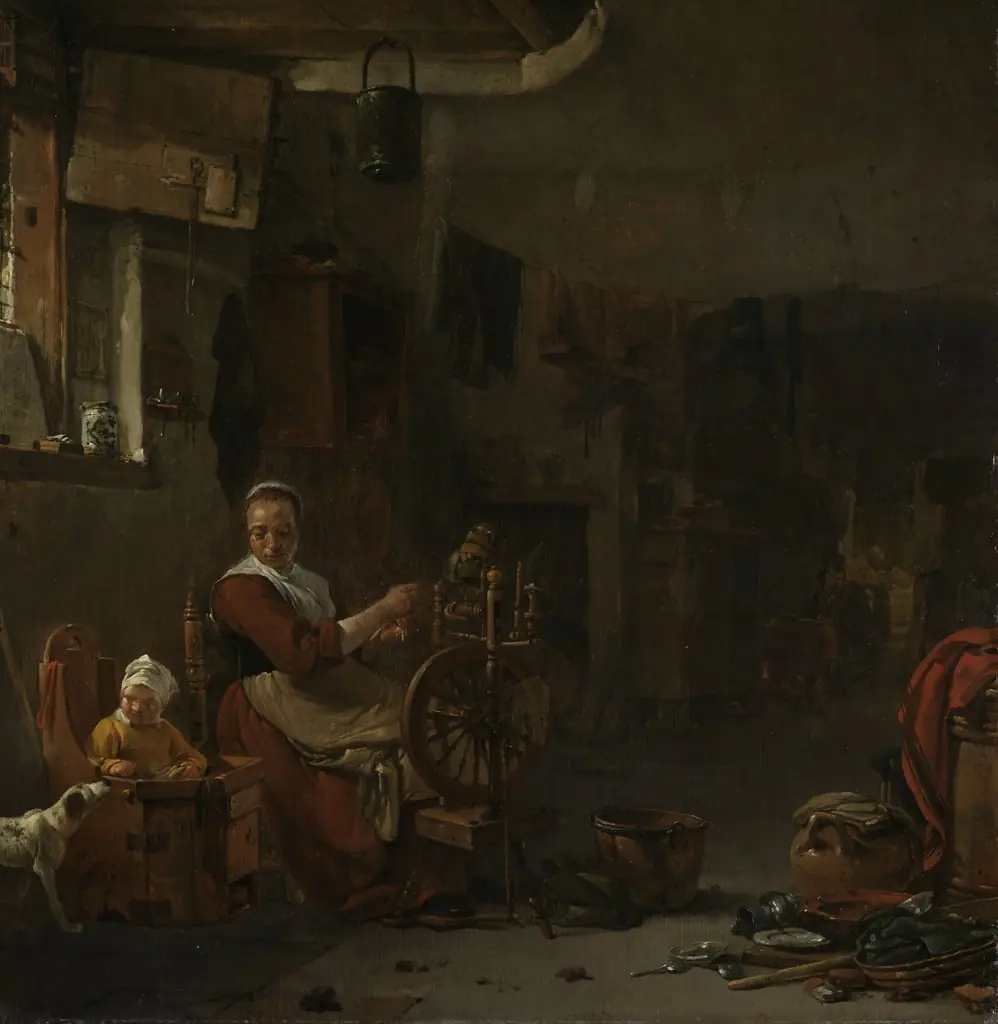 Peasant woman spinning, by Thomas Wijck, oil, 1650