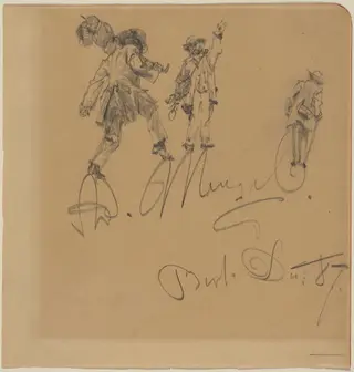 Three Hobos on the Artist's Signature, by Adolph Menzel, graphite, 1887