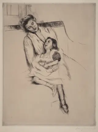 Reine and Margot Seated on a Sofa (No. 2), by Mary Cassatt, ink, 1902