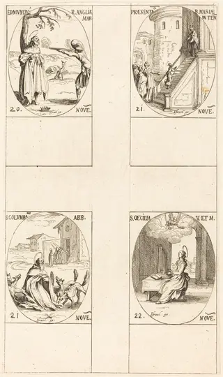 Edmund, King of England, Martyr; Presentation of the Virgin; St. Columban; St. Cecelia, by Jacques Callot, ink, 1634