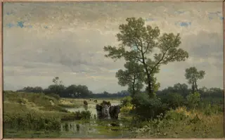 Cows crossing the river, by Walery Brochocki, oil, 1890