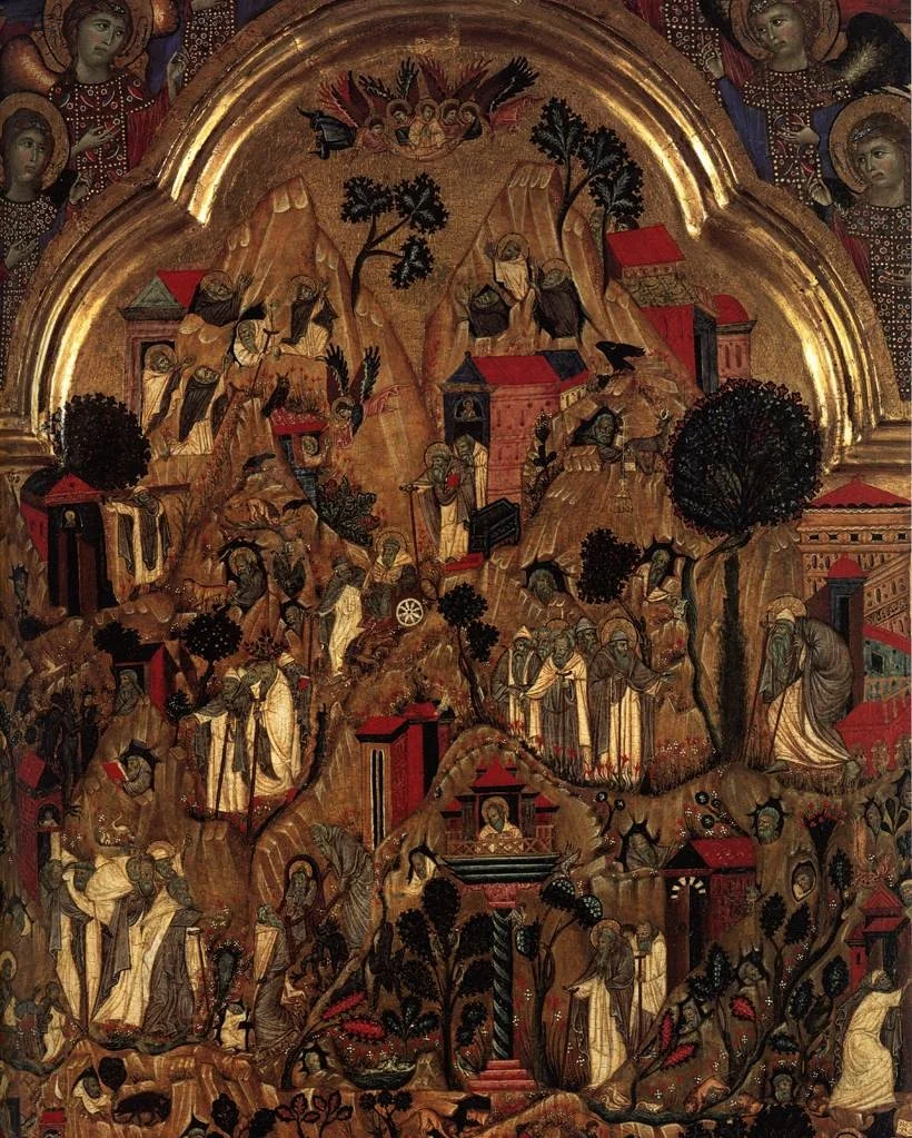 Triptych. Centre Panel: Death of St Ephraim with scenes from the lives of the monks in the Thebaid. Above; the Redeemer and six angels. Left Wing: Mourning Angels; the Crucifixions; the three Marys at, detail