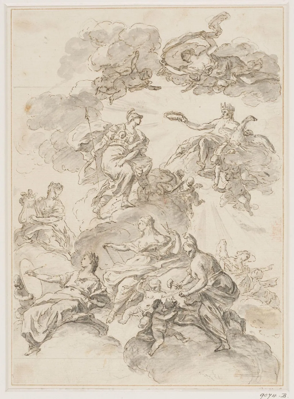 Minerva commending the arts of sculpture, architecture, painting and music to Jupiter, by Francesco Solimena, 1657