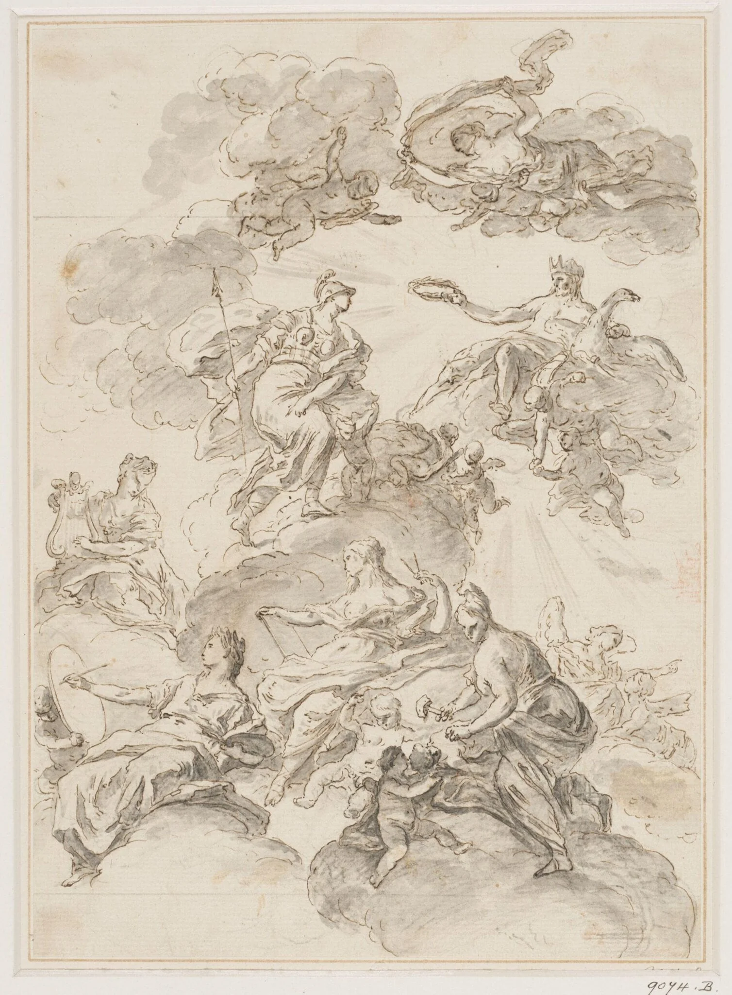 Minerva commending the arts of sculpture, architecture, painting and music to Jupiter, detail