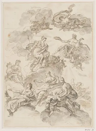 Minerva commending the arts of sculpture, architecture, painting and music to Jupiter, by Francesco Solimena, 1657