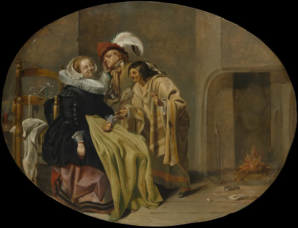 A Couple in an Interior with a Gypsy Fortune-Teller, by Jacob Duck, oil, 1632